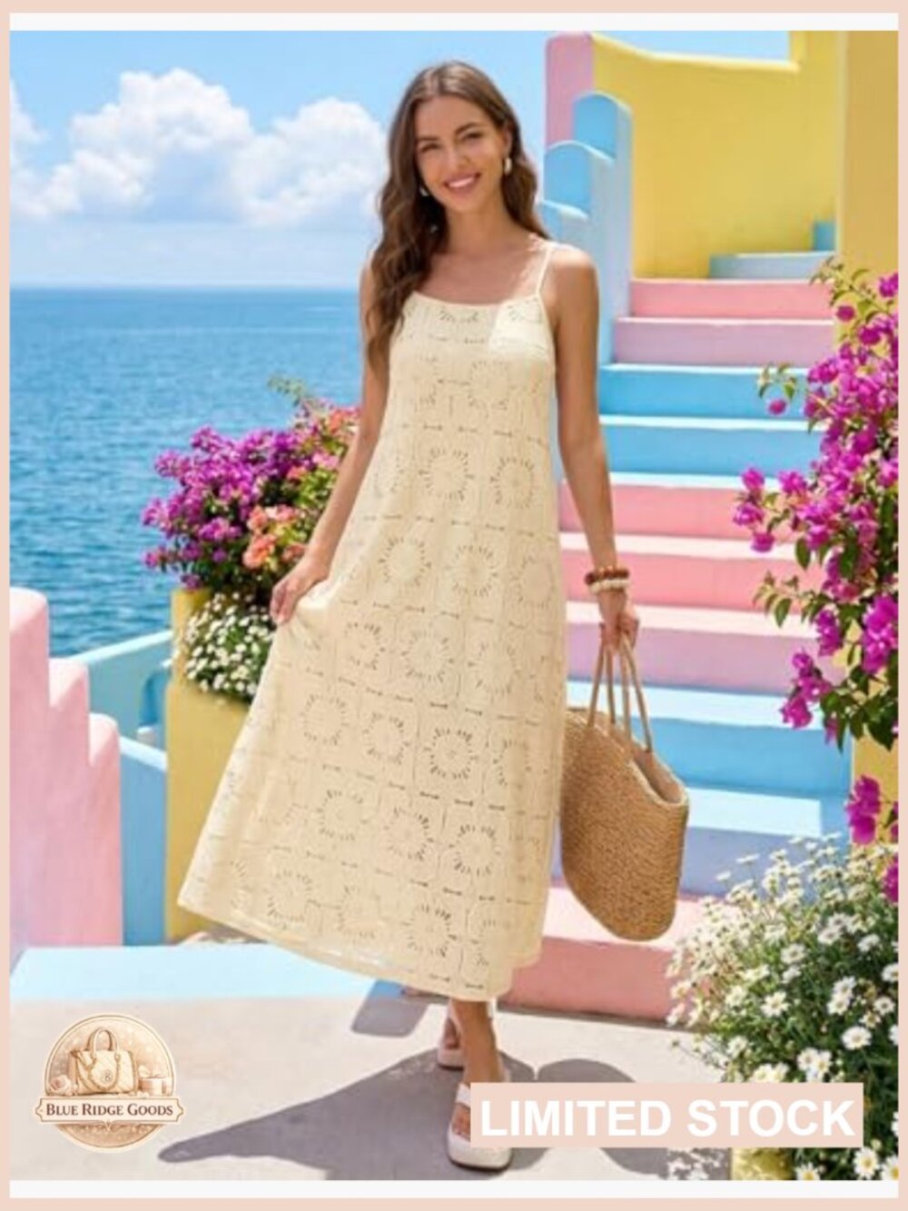 Womens Spaghetti Strap Sundress Sleeveless Boho Lace Maxi Dress Smocked Back - Picture 4 of 7